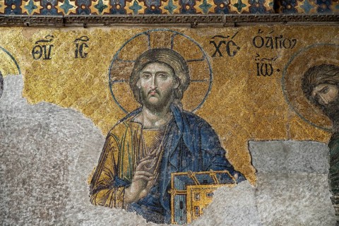 Deësis mosaic with Jesus Christ as Pantocrator in the interior of today's Hagia Sophia mosque or