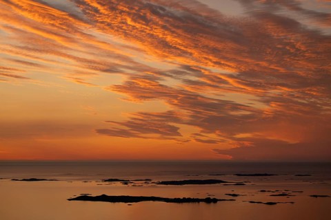 Offshore islands and skerries, sea, dramatically illuminated clouds, sunset, Otroya or Otrøya