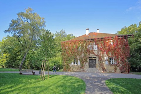 Buildings with ivy in autumn, autumn colours, plant growth, Fürstengarten, Hechingen, Swabian Alb,