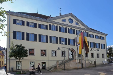 Town hall with German national flag, Baden-Württemberg state flag and town flag, Balingen, Swabian