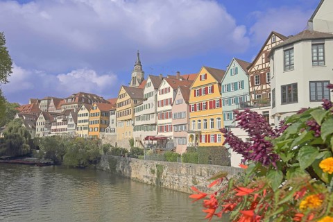 Colourful house front on the Neckar, house facade, Neckar bank, Neckar front, flower decoration,