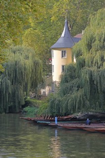 Hölderlin Tower on the banks of the Neckar with punting boats, memorial to Friedrich Hölderlin,