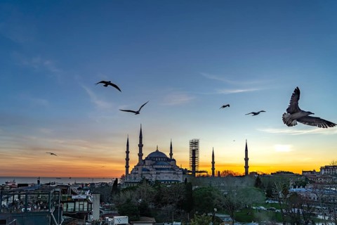 Sunset at the Blue Mosque or Sultan Ahmed Mosque in Istanbul, Turkey