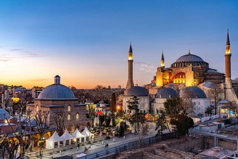 Today's Hagia Sophia mosque at dusk, Istanbul, Turkey