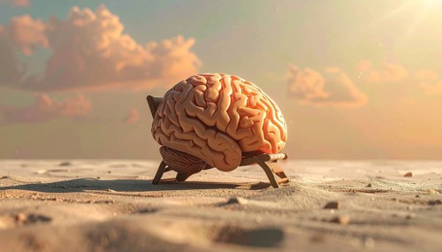 Brain relaxes on a sunbed under the summer sun, placed on a flat surface, symbol for mental health,