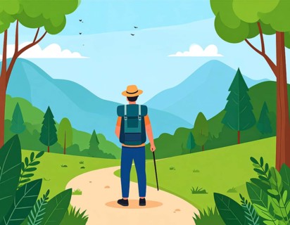 Traveling and hiking in mountain landscape, abstract vector illustration, AI generated image