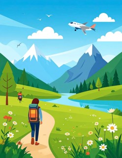Traveling and hiking in mountain landscape, abstract vector illustration, AI generated image