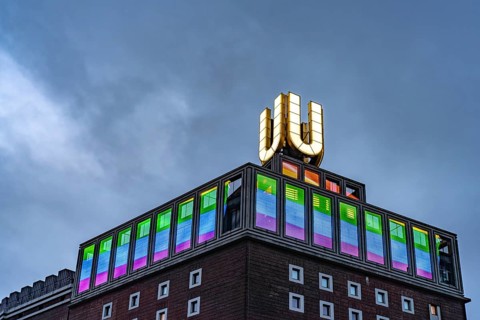 Dortmund landmark U, centre for art and creativity in the former Union Brewery at dusk, Dortmund,