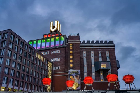Illuminated sculptures of Dortmund roses in front of Dortmund's landmark U, Centre for Art and