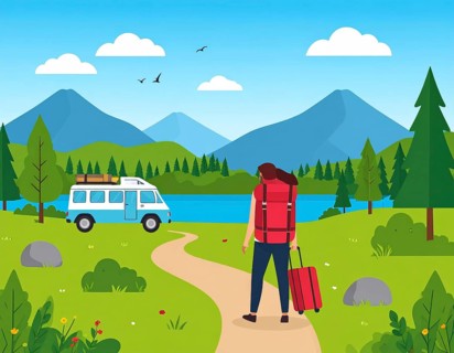 Traveling and hiking in mountain landscape, abstract vector illustration, AI generated image