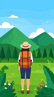 Traveling and hiking in mountain landscape, abstract vector illustration, AI generated image