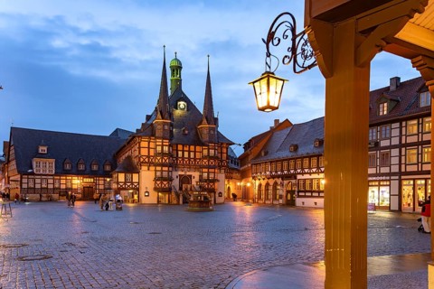 The town hall and market square in Wernigerode at dusk, Saxony-Anhalt, Germany