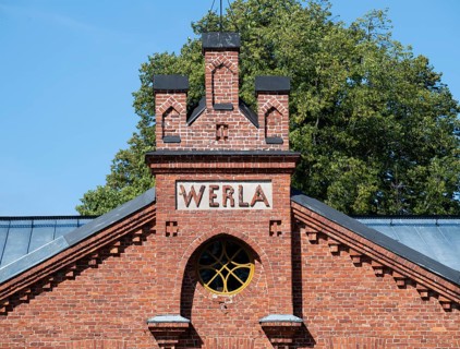 Brick façade with inscription Werla, former paper factory and mill for the production of groundwood