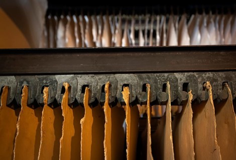 Cardboard hung up to dry, drying plant, factory hall, former paper factory and mill for the