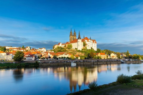 View of Albretsburg Castle and Meissen Cathedral, St. Johannis and St. Donatus, Reflection in the