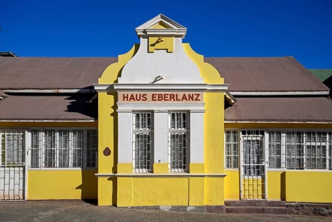Colonial house facade of the Eberlanz House in Bergstraße, Lüderitz, Karas Region, Namibia