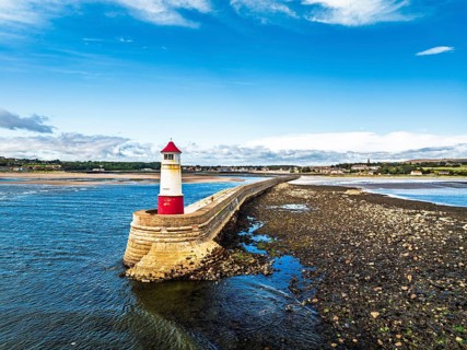 Berwick Pier and Lighthouse from a drone, Berwick-upon-Tweed, England, United Kingdom