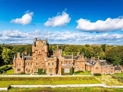 Ayton Castle from a drone, Ayton, Eyemouth, Scottish Borders, Scotland, UK