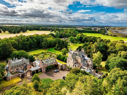 Luffness Castle from a drone, Aberlady, East Lothian, Scotland, UK