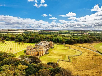 View of Gosford House from a drone, Longniddry, East Lothian, Scotland, UK