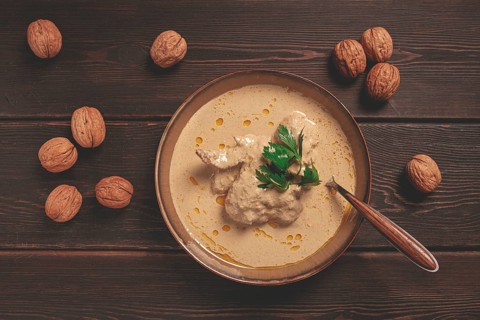 Satsivi, Georgian dish, chicken in nut sauce, cold appetizer, rustic, no people, homemade