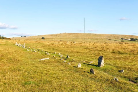 Rows of standing stones at Merrivale prehistoric ceremonial complex Dartmoor national park, Devon,