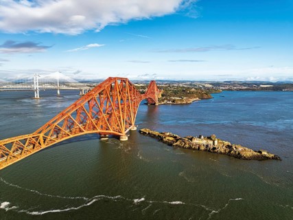 Inch Garvie Castle from a drone, Forth Bridge, Queensferry Crossing, Forth Estuary, Scotland,