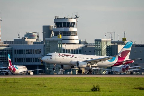 Eurowings Airbus lands at Düsseldorf Airport, North Rhine-Westphalia, Germany