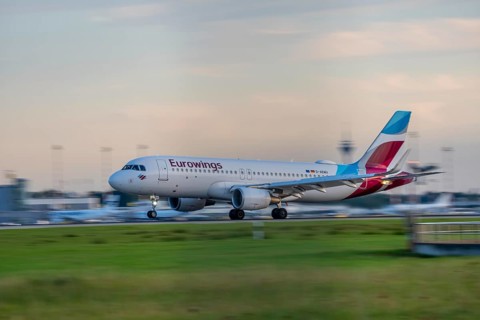 Eurowings Airbus lands at Düsseldorf Airport, North Rhine-Westphalia, Germany