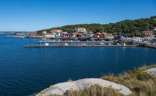 Harbour with boats and boathouses, Resö Island, Bohuslän, Skagerrak, Sotenäs, Västra Götalands län,