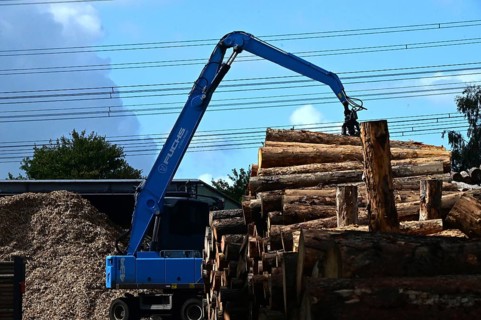 Wood storage and mechanical log transport on the premises of Energie-Mann in the Westerwald. Wood