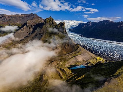 Glacier, glacier tongue, sunny, morning mood, mountains, fog, aerial view, summer, Kviarjökull,