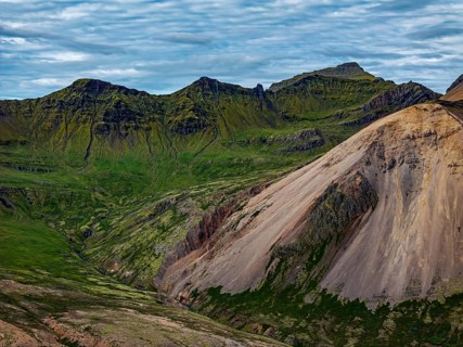Mountains, coast, summer, aerial view, morning light, volcanic, cloudy, Faskrudsfjördur, East