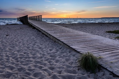 Spacious, empty beach with a pier, evening lighting, gentle sound of the sea, pier, Kobaek Strand,