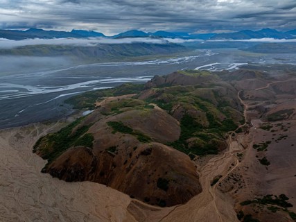 River, river course, river delta, mountains, clouds, summer, aerial view, Hvannagil, south-east