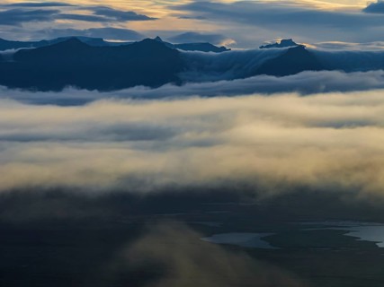 Fog, clouds, morning mood, mountains, aerial view, summer, Höfn, Iceland
