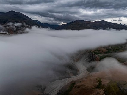 River, river course, river delta, mountains, clouds, canyon, gorge, summer, aerial view, Hvannagil,