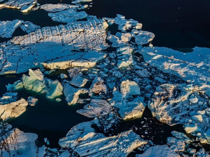 Ice floes, morning mood, reflection, aerial view, summer, glacier lagoon, Jökulsarlon, Vatnajökull,