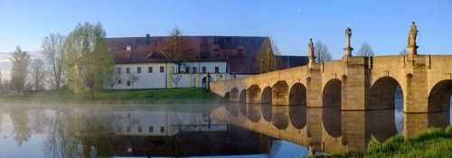 Morning atmosphere, fog at Fischhof, with historic Fischhof bridge, Tirschenreuth, Upper