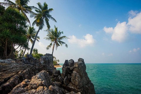 Rocks and coconut palms, Coconut Palm Beach, Sala Dan, Ko Lanta, Koh Lanta, Krabi Province,