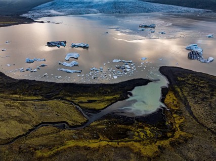 Icebergs, ice floes, glacial lake, glacier, summer, evening mood, aerial view, Fjallsjökull,