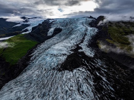 Glacier, glacier tongue, mountains, cloudy, summer, aerial view, Fjalljökull, Skaftafell, Iceland
