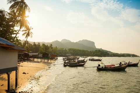 Fishing huts on the beach, sunset, Koh Mook, Trang province, southern Thailand, Andaman Sea,