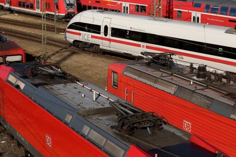Elevated view of several local trains and an ICE train, Frankfurt am Main, Hesse, Germany