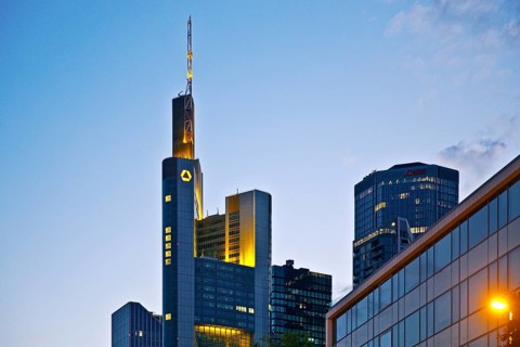 Commerzbank Tower in the evening, Frankfurt am Main, Hesse, Germany