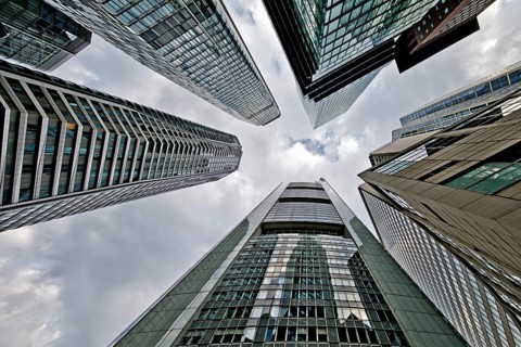 Frog's-eye view of the skyscrapers in the banking district, Four Frankfurt, Frankfurt am Main,