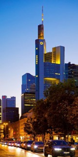 Cars on Berliner Straße and Commerzbank Tower in the evening, Frankfurt am Main, Hesse, Germany