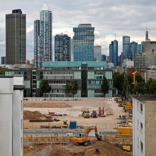View from a roof at the Galluswarte on the construction site on the old FAZ area and the
