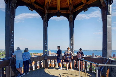 Visitors look out over the city, viewing platform view at a height of 84 metres, St. Mary's Church,