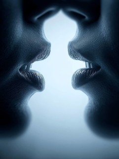 Symmetrical arrangement of two pairs of lips coming close together creates a feeling of intimacy,
